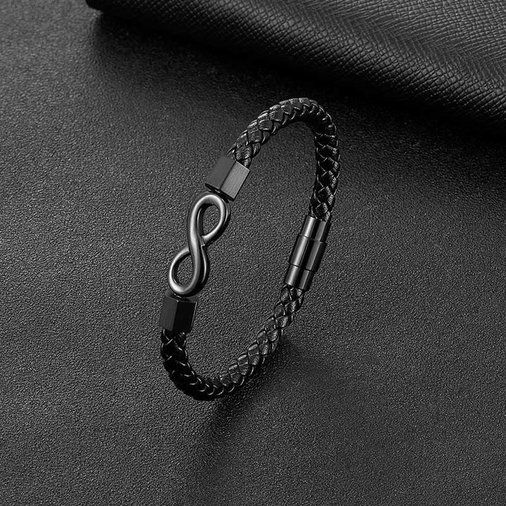 Bracelet d'équilibre en cuir tissé avec nœud sans fin en acier titane et Buddha Stones
