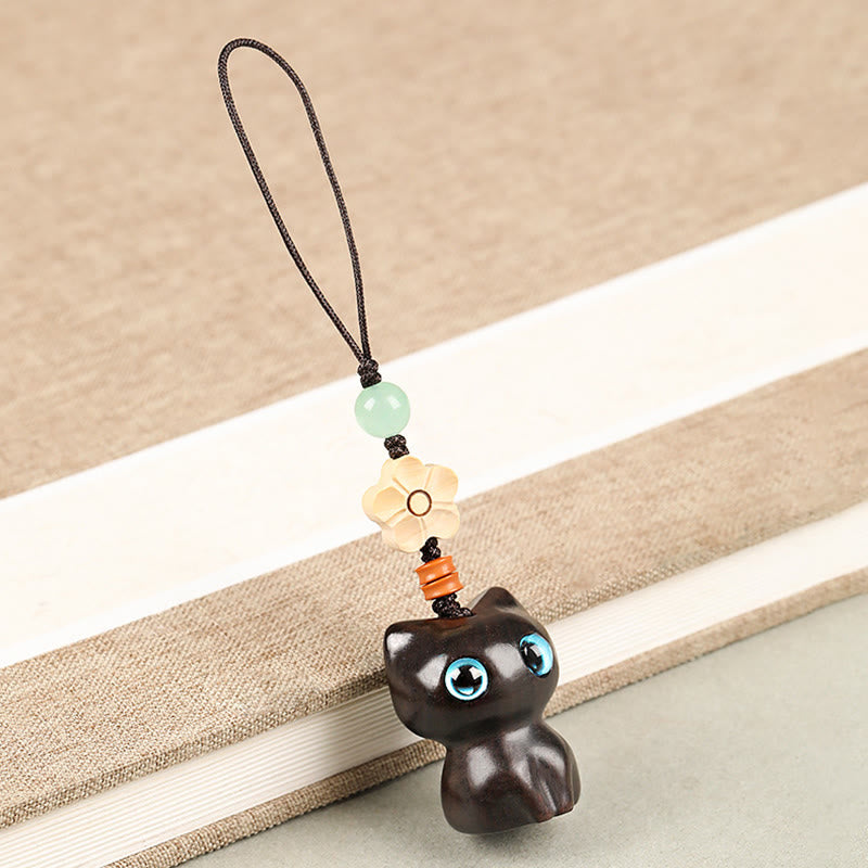 Porte Buddha Stones, mini petite feuille de bois de santal rouge, bois d'ébène, chat porte-bonheur, joli chaton, paix, décoration à suspendre pour téléphone