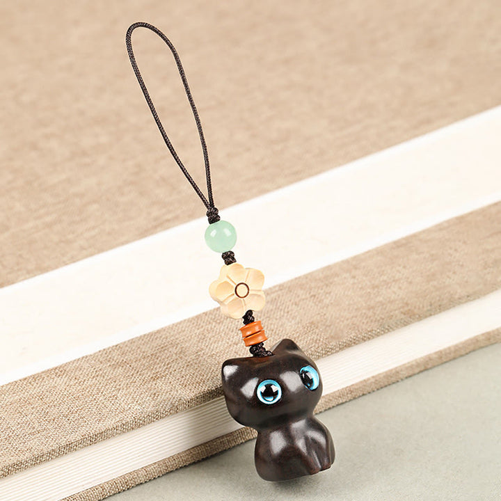 Porte Buddha Stones, mini petite feuille de bois de santal rouge, bois d'ébène, chat porte-bonheur, joli chaton, paix, décoration à suspendre pour téléphone