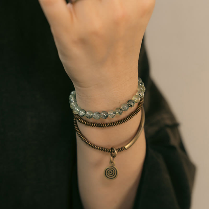 Bracelet en cuivre Love Forgive Buddha Stones quartz hématoïde rouge fantôme violet et quartz rutile vert