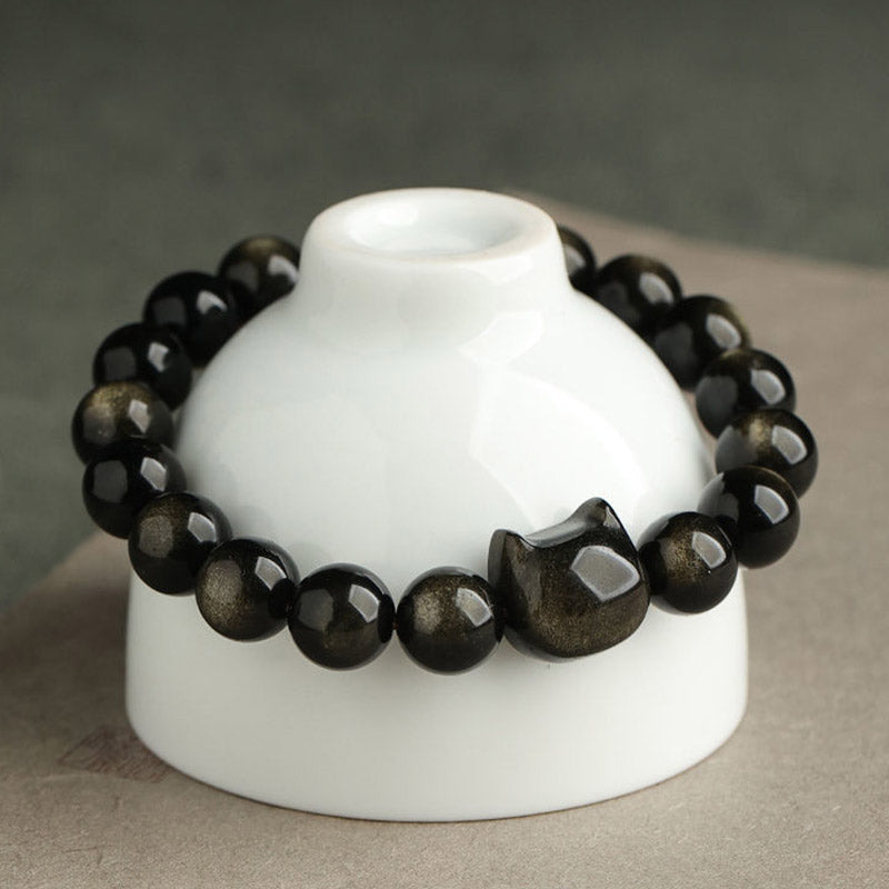Bracelet de protection porte-bonheur en obsidienne dorée et argentée avec Buddha Stones et jolie patte de chat porte-bonheur - image 2