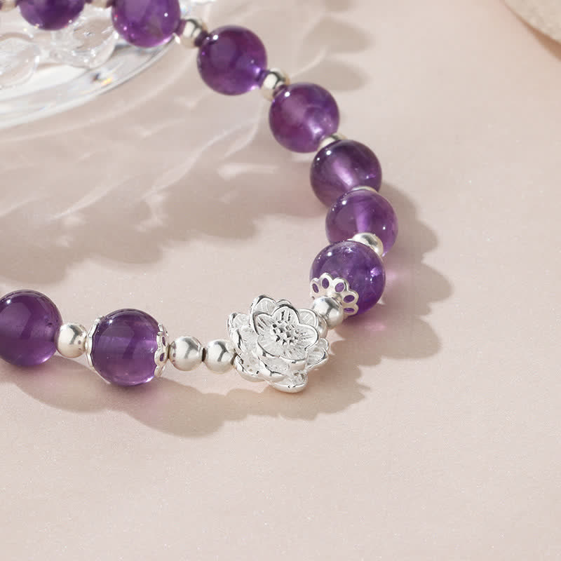 Bracelet spirituel Lotus en améthyste naturelle en argent sterling 925 Buddha Stones