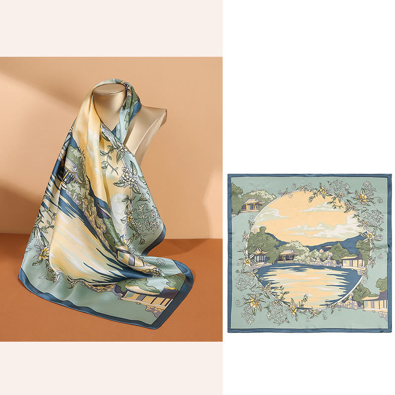 Foulard pour cheveux en soie de mûrier 100 % Buddha Stones et scène pastorale en montgolfière