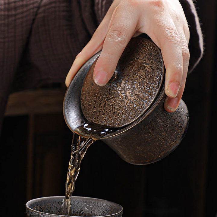 Tasse à thé et soucoupe en céramique émaillée rouille rétro Buddha Stones Gaiwan Sancai Tasse à thé Kung Fu avec couvercle