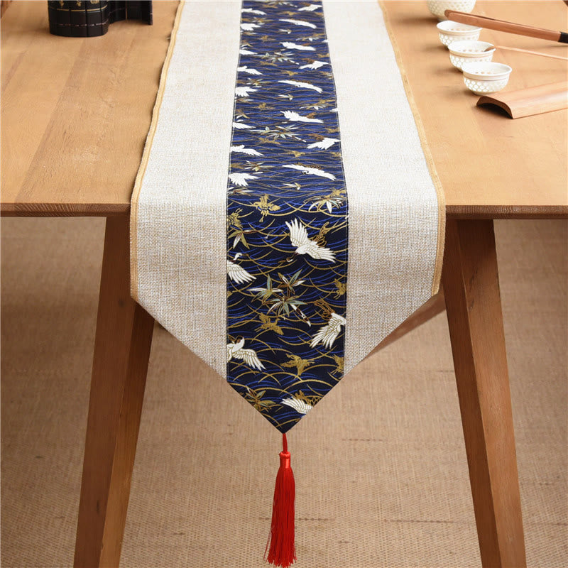 Chemin de table en coton et lin avec pompons, Buddha Stones, style chinois classique, lotus, poisson koï, fleur, grue, calligraphie, illumination