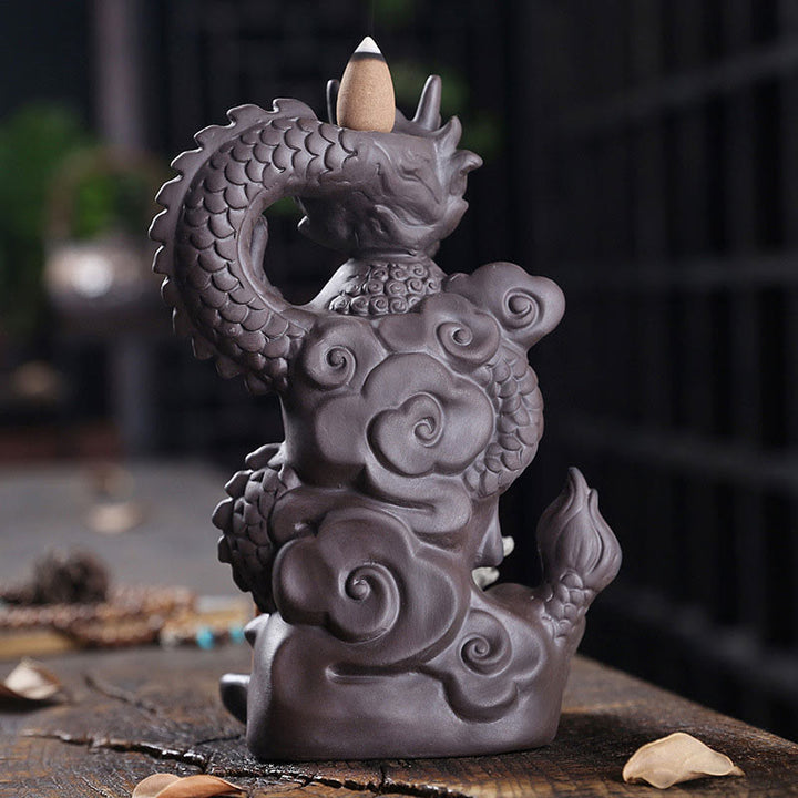 Buddha Stones Dragon Bouddha Nuages de bon augure Brûleur d'encens de guérison en argile violette Décoration