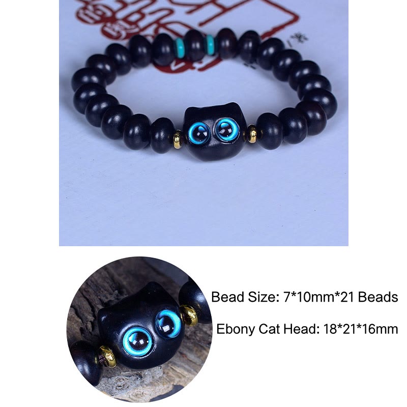 Bracelet Buddha Stones Bois d'ébène Verre Liuli Joli Chat Paix Équilibre - image 8