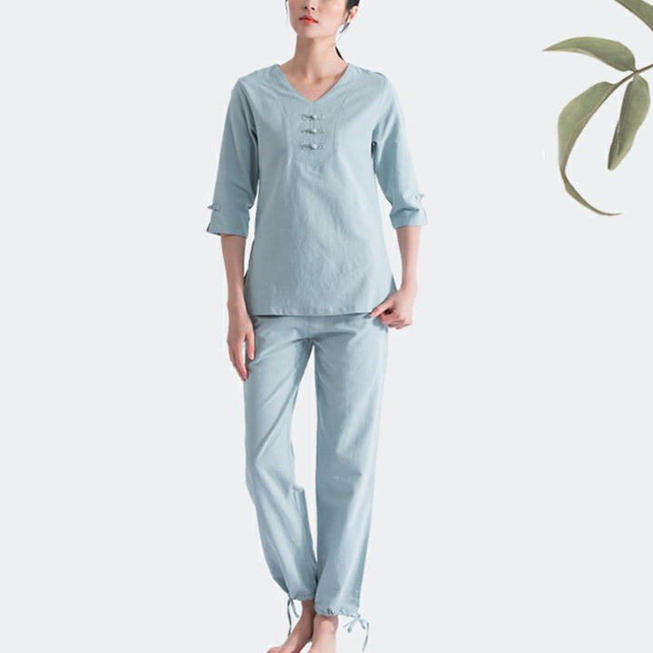 Ensemble de vêtements en coton et lin Buddha Stones , yoga, méditation, prière, col en V, pratique zen, pour femmes