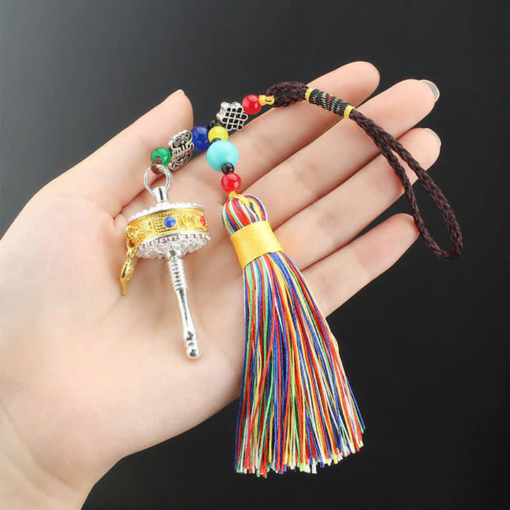 Roue de prière tibétaine Om Mani Padme Hum avec pompon pour sac, décoration suspendue pour voiture