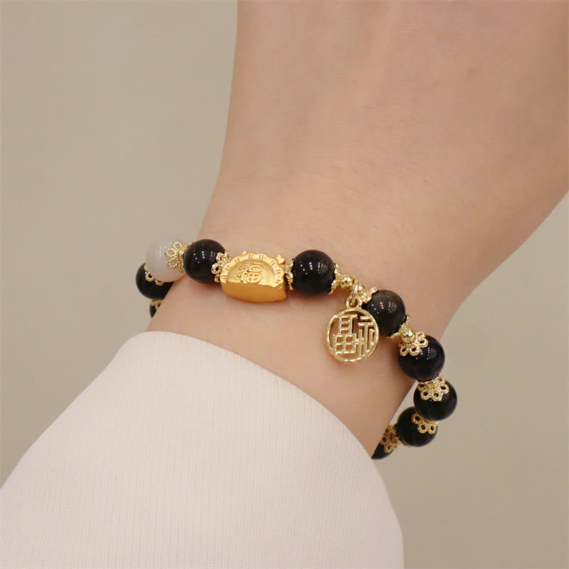 Buddha Stones Année du Dragon Agate Rouge Quartz Fraise Obsidienne Noire Jade Grenat Perle Cinabre Dumpling Dragon Luck Fu Bracelet Caractère