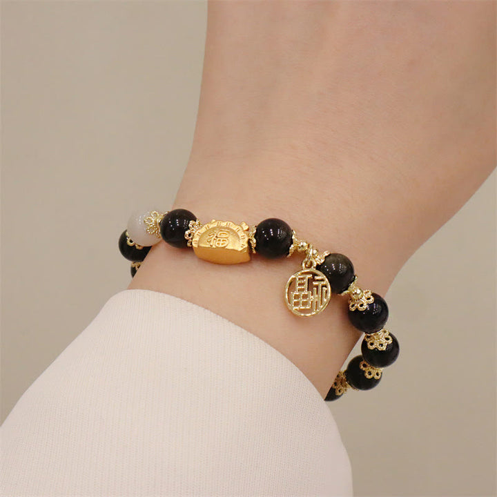 Buddha Stones Année du Dragon Agate Rouge Quartz Fraise Obsidienne Noire Jade Grenat Perle Cinabre Dumpling Dragon Luck Fu Bracelet Caractère