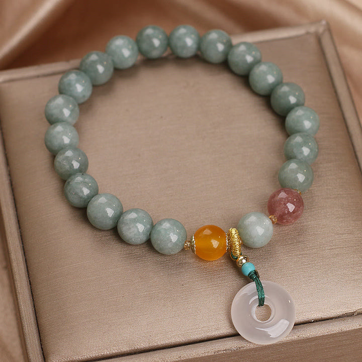 Bracelet de prospérité avec boucle de paix et perles de quartz fraise en jade naturel de Buddha Stones