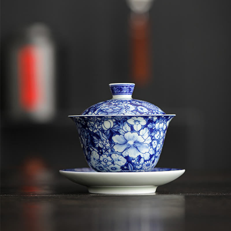 Tasse à thé et soucoupe en porcelaine bleue et blanche vintage en céramique Gaiwan Sancai Kung Fu avec couvercle