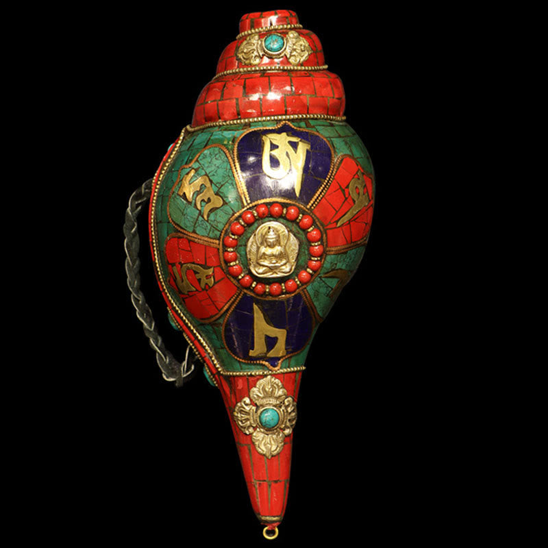 Décoration porte-bonheur tibétaine faite à la main, Shankha Om Mani Padme Hum, coquille de conque de bouddha - image 1