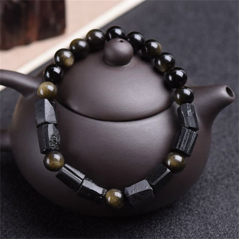 Bracelet de richesse en obsidienne et tourmaline noire avec Buddha Stones