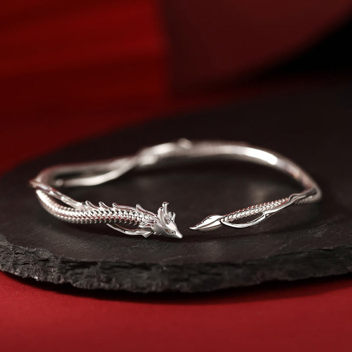 Bracelet manchette porte-bonheur en métal Buddha Stones en argent sterling 925 et motif année du dragon