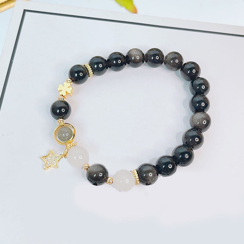 Bracelet de protection en obsidienne naturelle argentée avec Buddha Stones , cœur, étoile, fleur