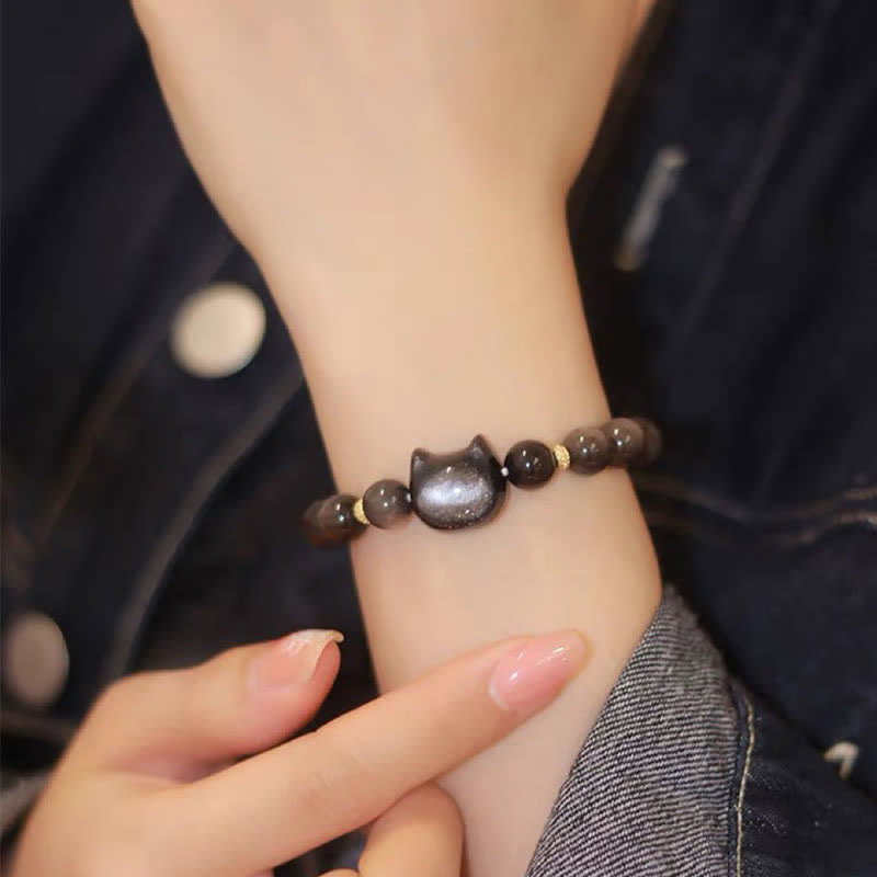 Bracelet de protection porte-bonheur en obsidienne dorée et argentée avec Buddha Stones et jolie patte de chat porte-bonheur - image 35