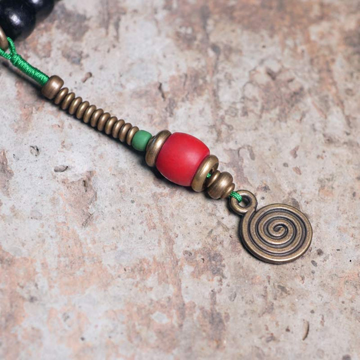 Buddha Stones Mala 108 perles en bois d'ébène et perles Dzi en cuivre avec pampilles et équilibre