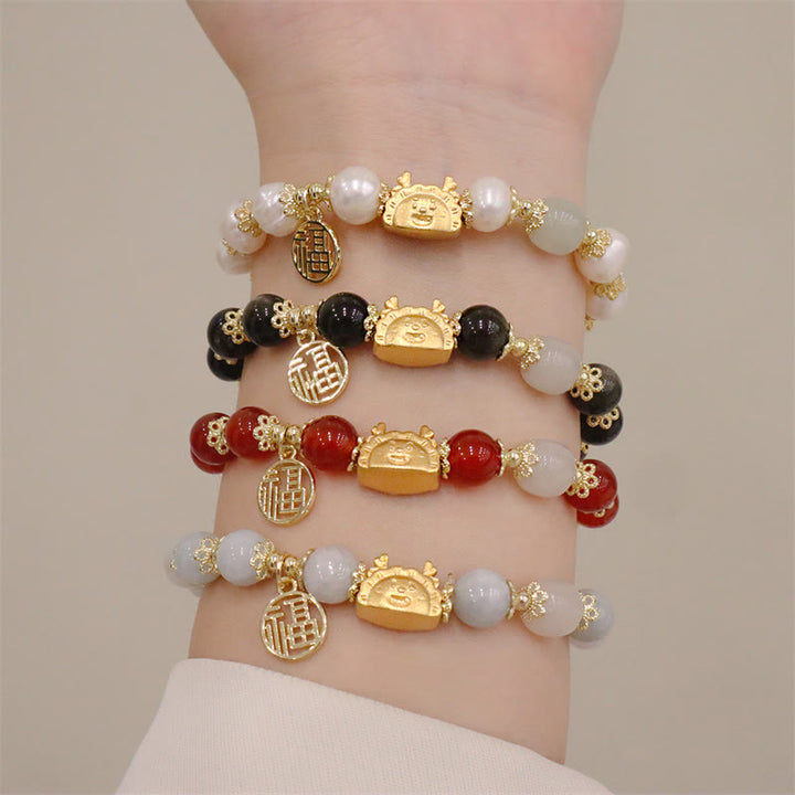 Buddha Stones Année du Dragon Agate Rouge Quartz Fraise Obsidienne Noire Jade Grenat Perle Cinabre Dumpling Dragon Luck Fu Bracelet Caractère