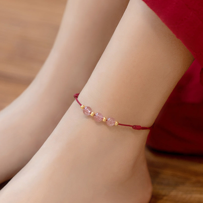 Bracelet de cheville en fil rouge avec perles en cristal de fraise et Buddha Stones