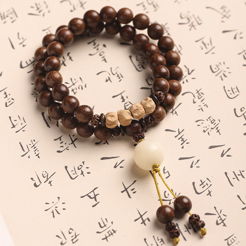 Bracelet double tour de purification en bois de santal et petites feuilles de bois de santal rouge et pierres de Buddha Stones