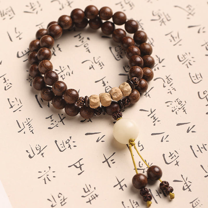 Bracelet double tour de purification en bois de santal et petites feuilles de bois de santal rouge et pierres de Buddha Stones