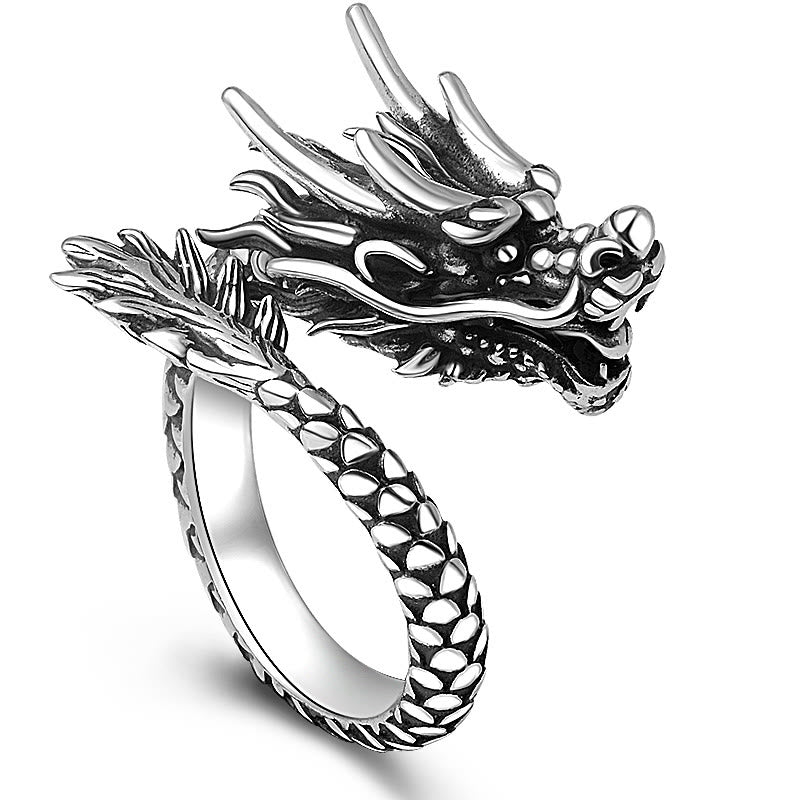 Bague ajustable en argent sterling 990 avec Buddha Stones et dragon vintage - Noir vintage (taille US 7-US 12 ajustable) - image 0