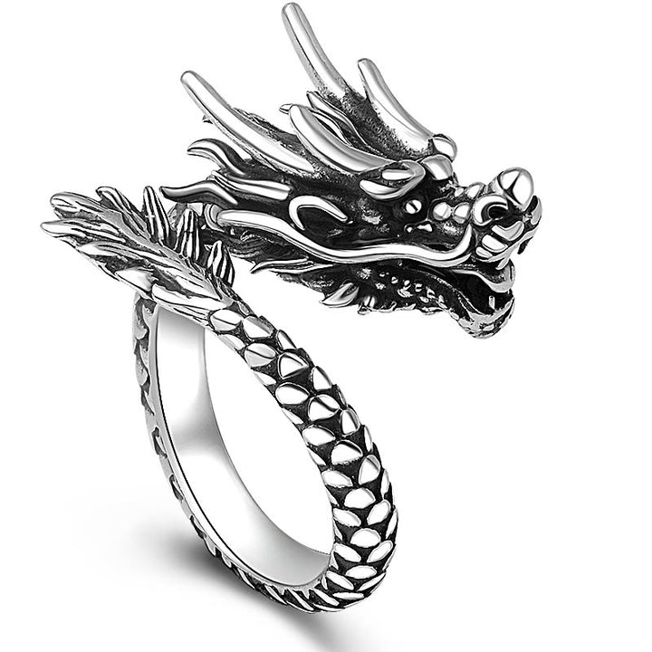 Bague ajustable en argent sterling 990 avec Buddha Stones et dragon vintage - Noir vintage (taille US 7-US 12 ajustable) - image 0