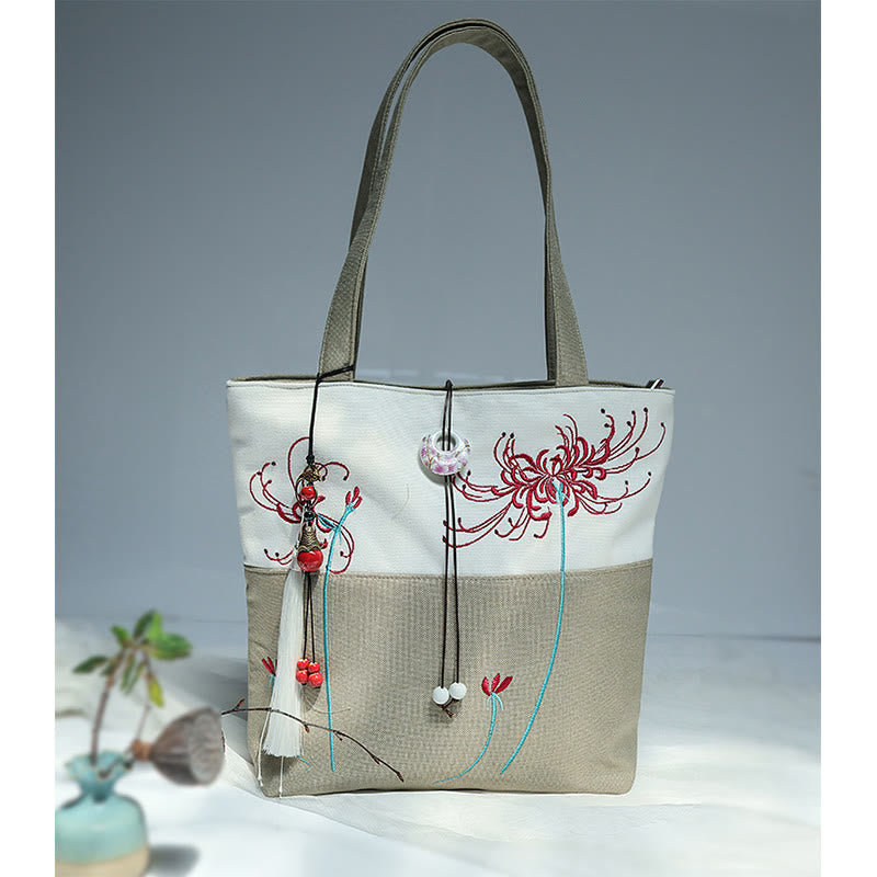 Sac à bandoulière en toile brodée de bambou avec fleur de poire, prunier, fleur de pêcher, grande capacité, sac fourre-tout