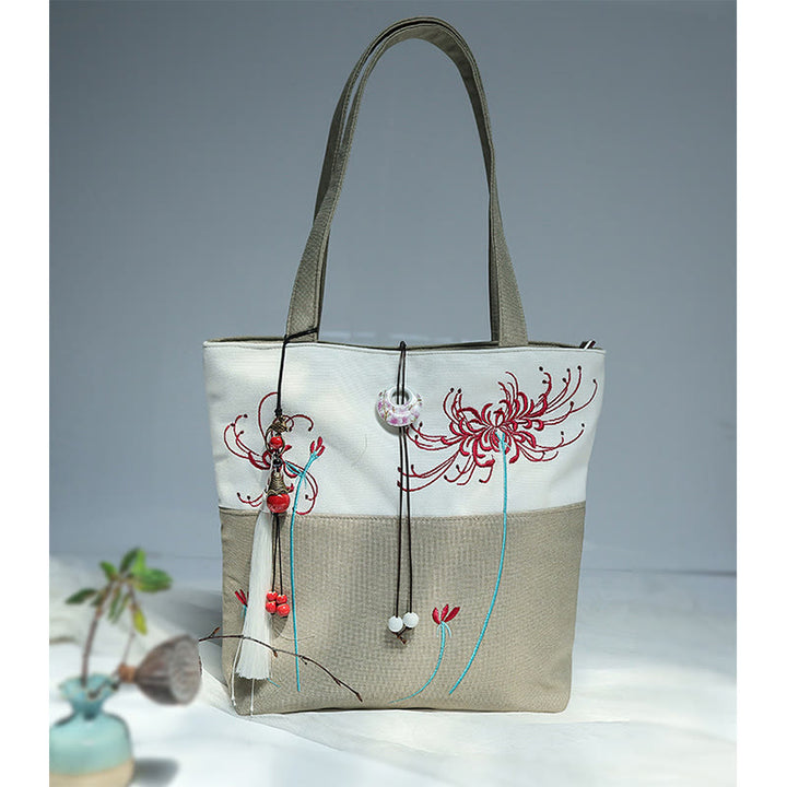 Sac à bandoulière en toile brodée de bambou avec fleur de poire, prunier, fleur de pêcher, grande capacité, sac fourre-tout