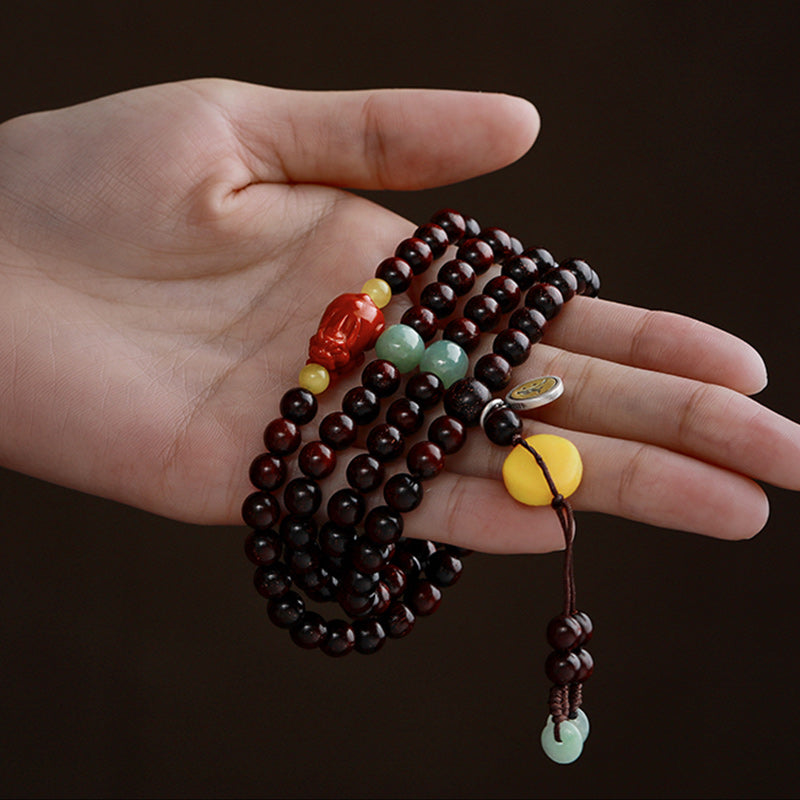 Buddha Stones Zodiaque chinois Bouddha natal 108 perles Mala Petite feuille Bois de santal rouge Agate rouge Bracelet de protection PiXiu