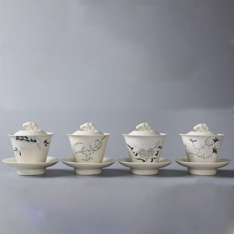 Buddha Stones peintes à la main Grenade Hibiscus Pin Lotus Céramique Gaiwan Sancai Tasse à thé Kung Fu Tasse à thé et soucoupe avec couvercle