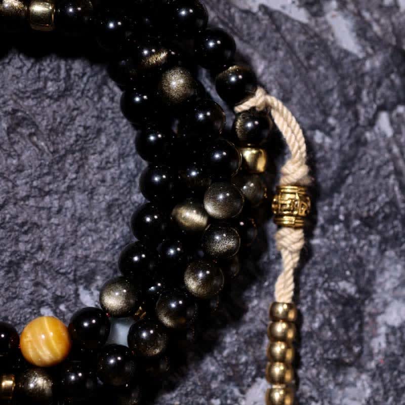 Bracelet de richesse en pierre d'oeil de tigre et d'aigle avec 108 Buddha Stones de Mala en obsidienne dorée brillante