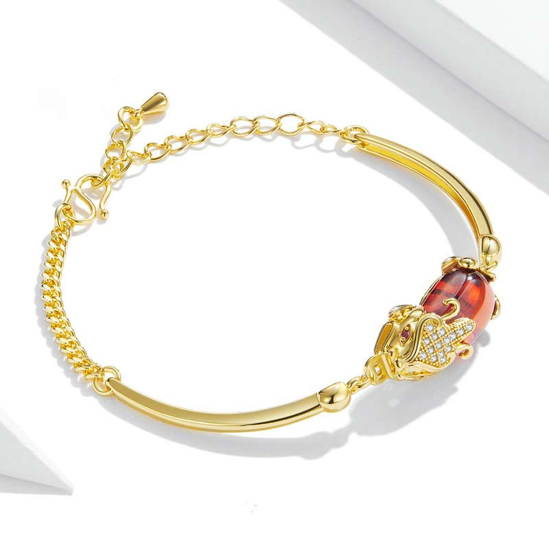Bracelet Feng Shui en agate rouge dorée PiXiu pour la richesse et la chance