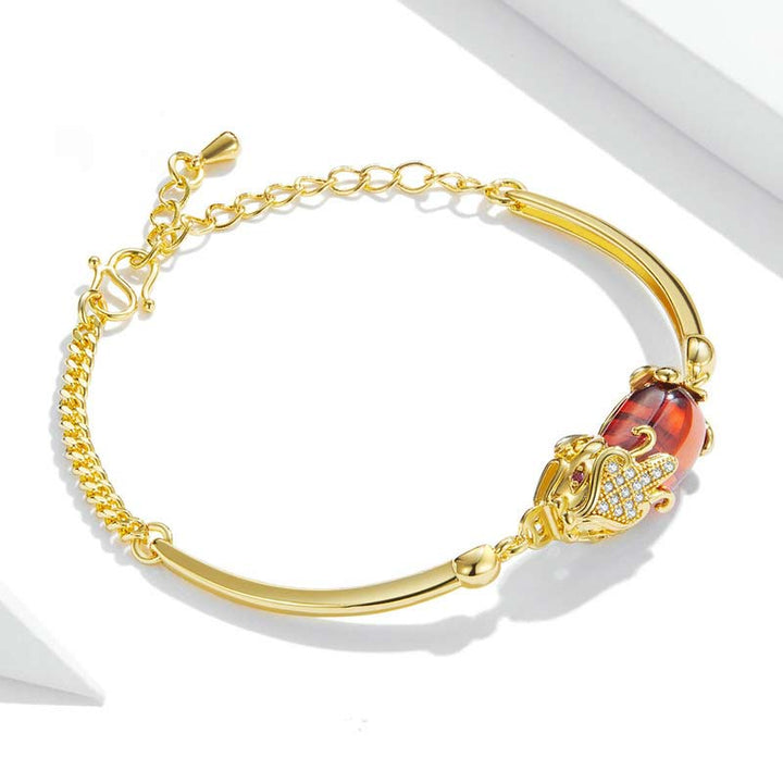 Bracelet Feng Shui en agate rouge dorée PiXiu pour la richesse et la chance