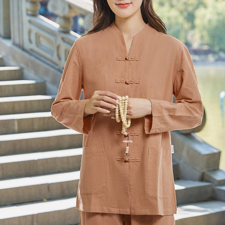 Buddha Stones Spirituelle Zen Pratique Yoga Méditation Prière Uniforme Coton Lin Vêtements Ensemble Femme - SandyBrown - US18，UK/AU22，EU50 (6XL) - image 11