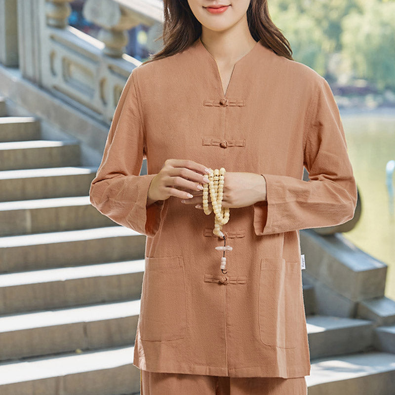 Buddha Stones Spirituelle Zen Pratique Yoga Méditation Prière Uniforme Coton Lin Vêtements Ensemble Femme - SandyBrown - US18，UK/AU22，EU50 (6XL) - image 11