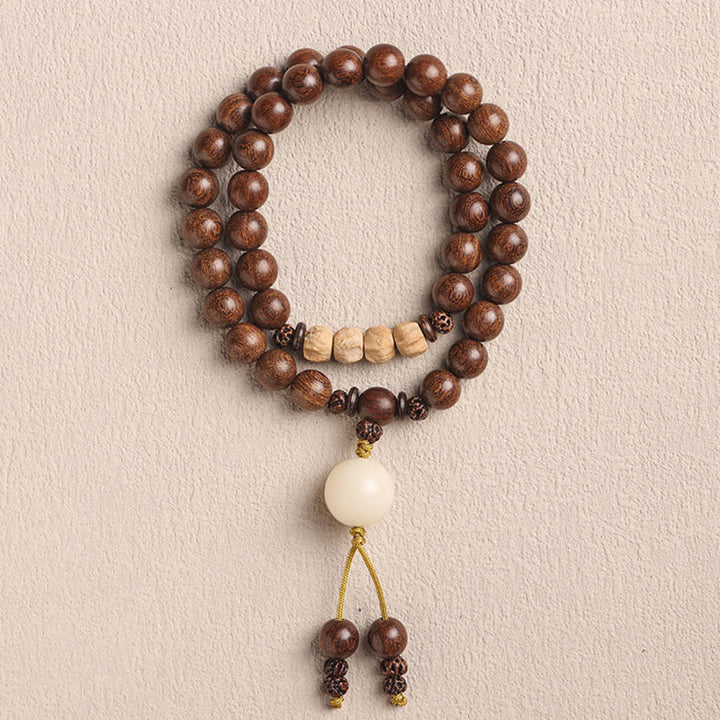 Bracelet double tour de purification en bois de santal et petites feuilles de bois de santal rouge et pierres de Buddha Stones