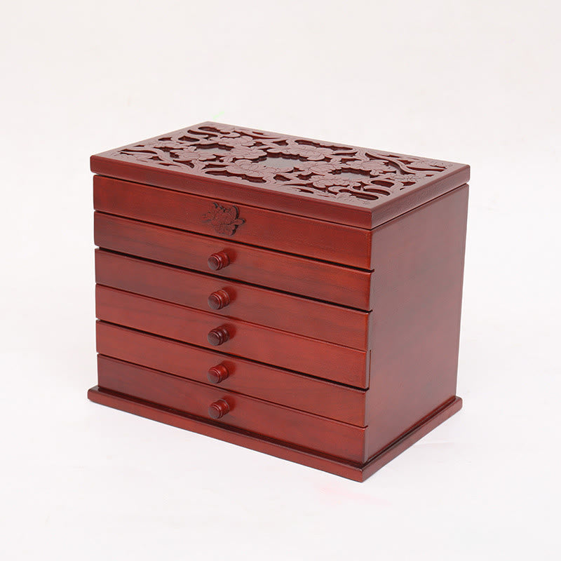 Boîte à bijoux en bois sculpté à six niveaux avec Buddha Stones et fleurs vintage de grande capacité - image 3