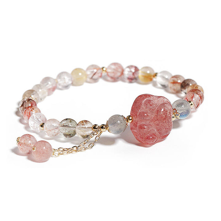 Bracelet d'amour en pierre de lune et quartz rutile coloré avec griffe de patte de chat et quartz fraise naturel Buddha Stones - Quartz fraise et quartz rutile coloré - image 1
