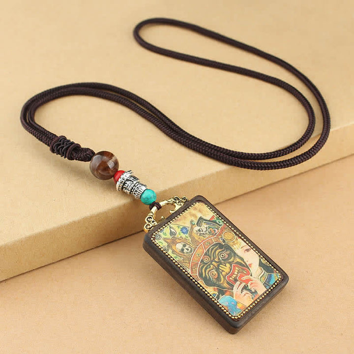 Collier pendentif en ébène Thangka Buddha Stones Tibet Dieu de la richesse