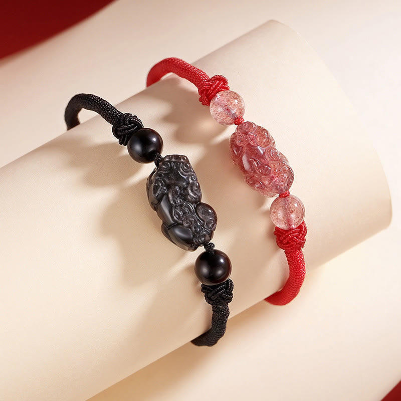 Bracelet tressé de protection PiXiu en obsidienne naturelle argentée et brillante faite à la main avec des Buddha Stones - image 1