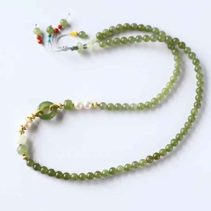 Bracelet en perles de jade Hetian et Buddha Stones avec boucle de paix, porte-bonheur et richesse