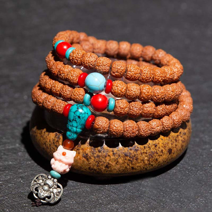 Bracelet tibétain en 108 perles de Mala Rudraksha Bodhi Seed Zodiac chinois Bouddha natal Richesse Charm