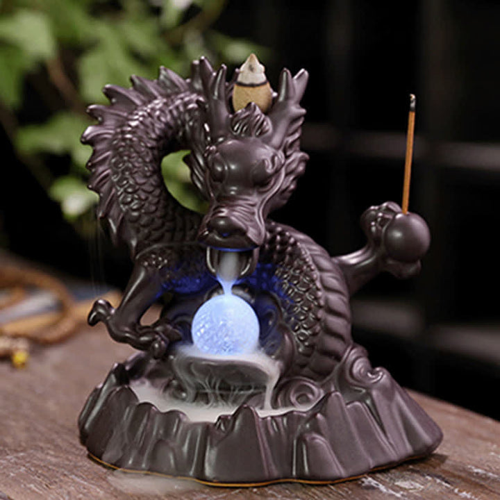 Fontaine à fumée à reflux en céramique avec Buddha Stones et dragon de bon augure, brûleur d'encens de guérison et de méditation, boule à LED décorative