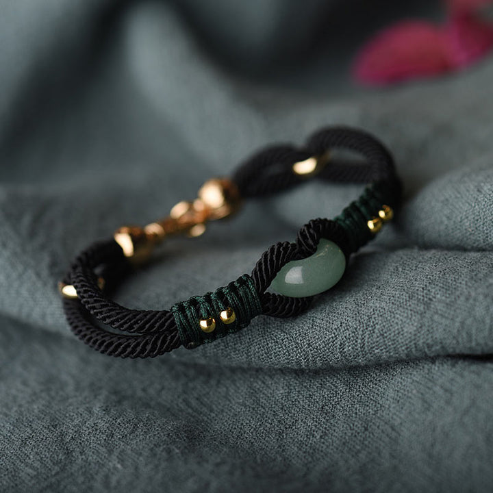 Bracelet couple porte-bonheur en corde noire Buddha Stones et jade tibétain