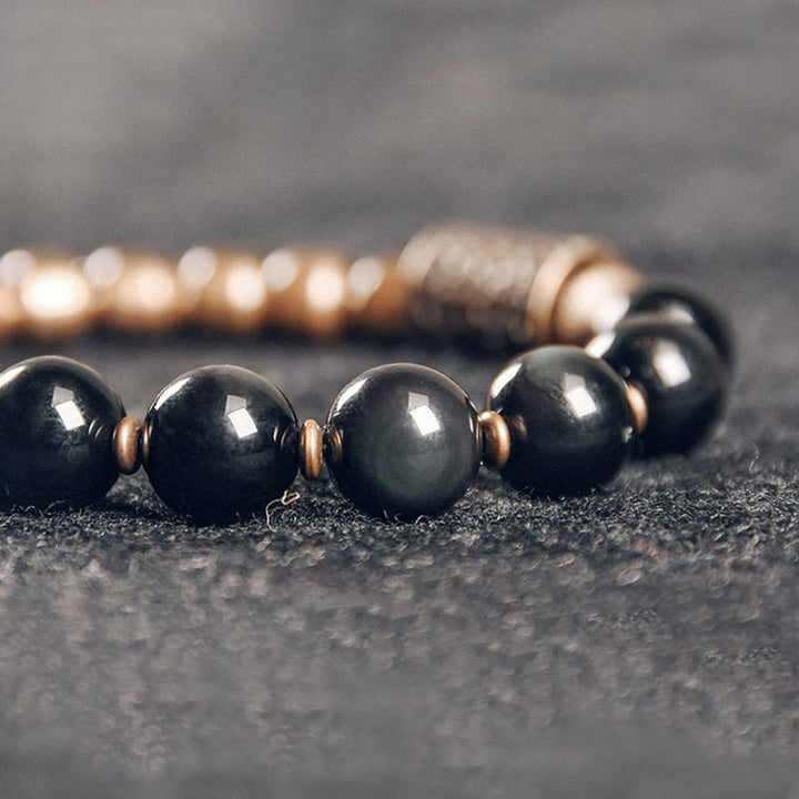 Bracelet de guérison en cuivre Buddha Stones et pierre de lave, obsidienne arc-en-ciel