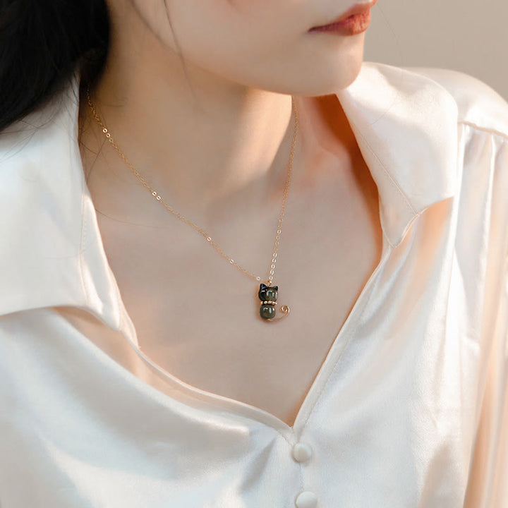 Collier avec pendentif en forme de chat porte-bonheur en jade Hetian plaqué or 14 carats avec Buddha Stones - image 9