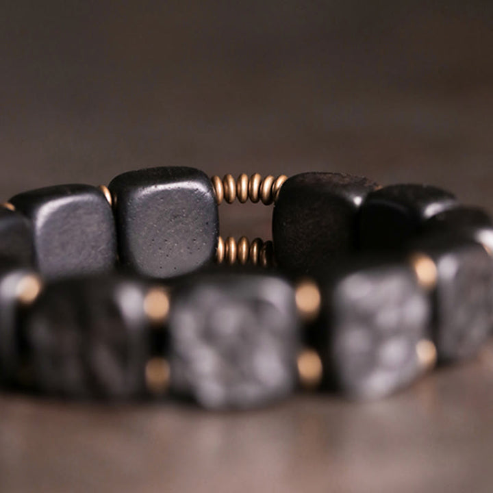 Bracelet en cuivre avec texture rétro en bois d'ébène et Buddha Stones